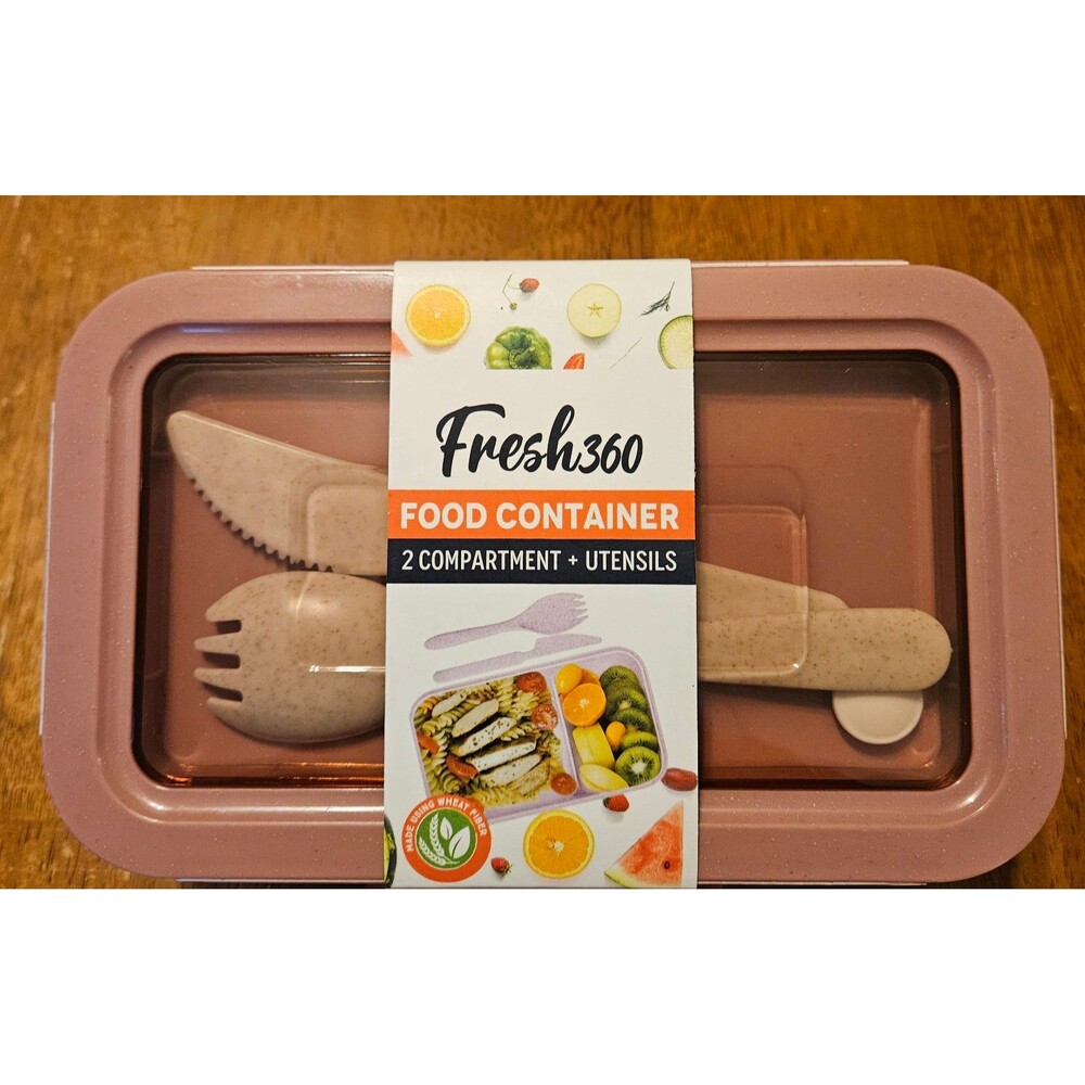 New Bento Box Fresh 360 Food Container Lunchbox 2 Compartment w/ Utensils To Go